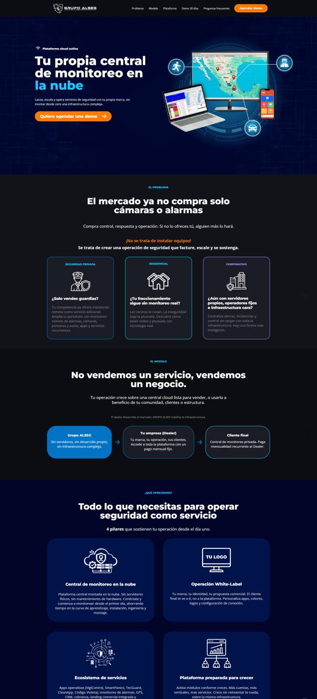 Página completa de una empresa de monitoreo de seguridad