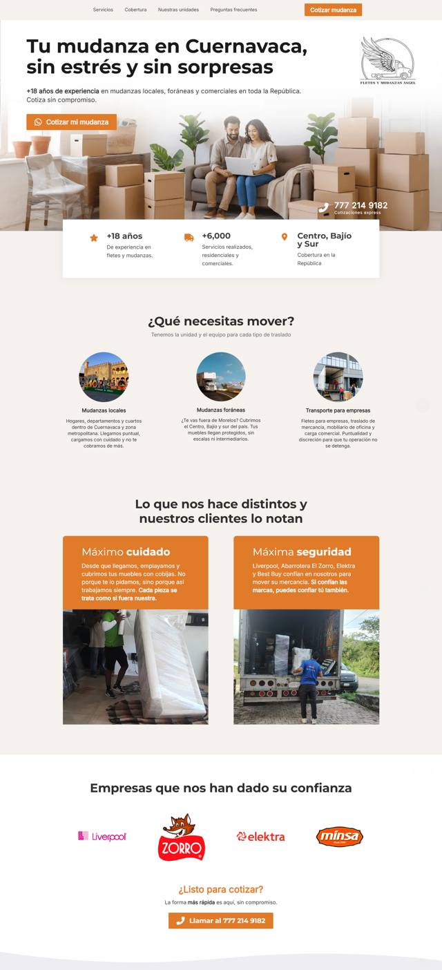Página completa de una empresa de mudanzas