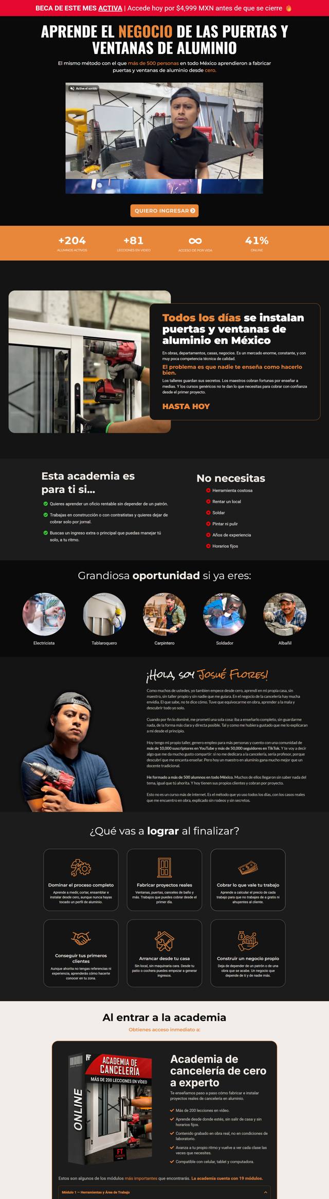Página completa de una academia de capacitación